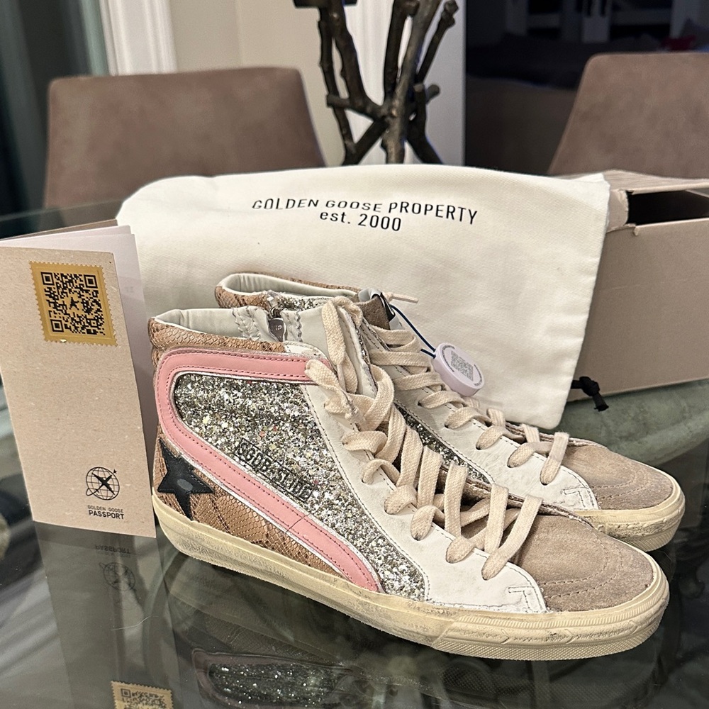 New in Box $655 Golden Goose Women's Glitter Sneakers - Pink, Gold, and Tan Sz40